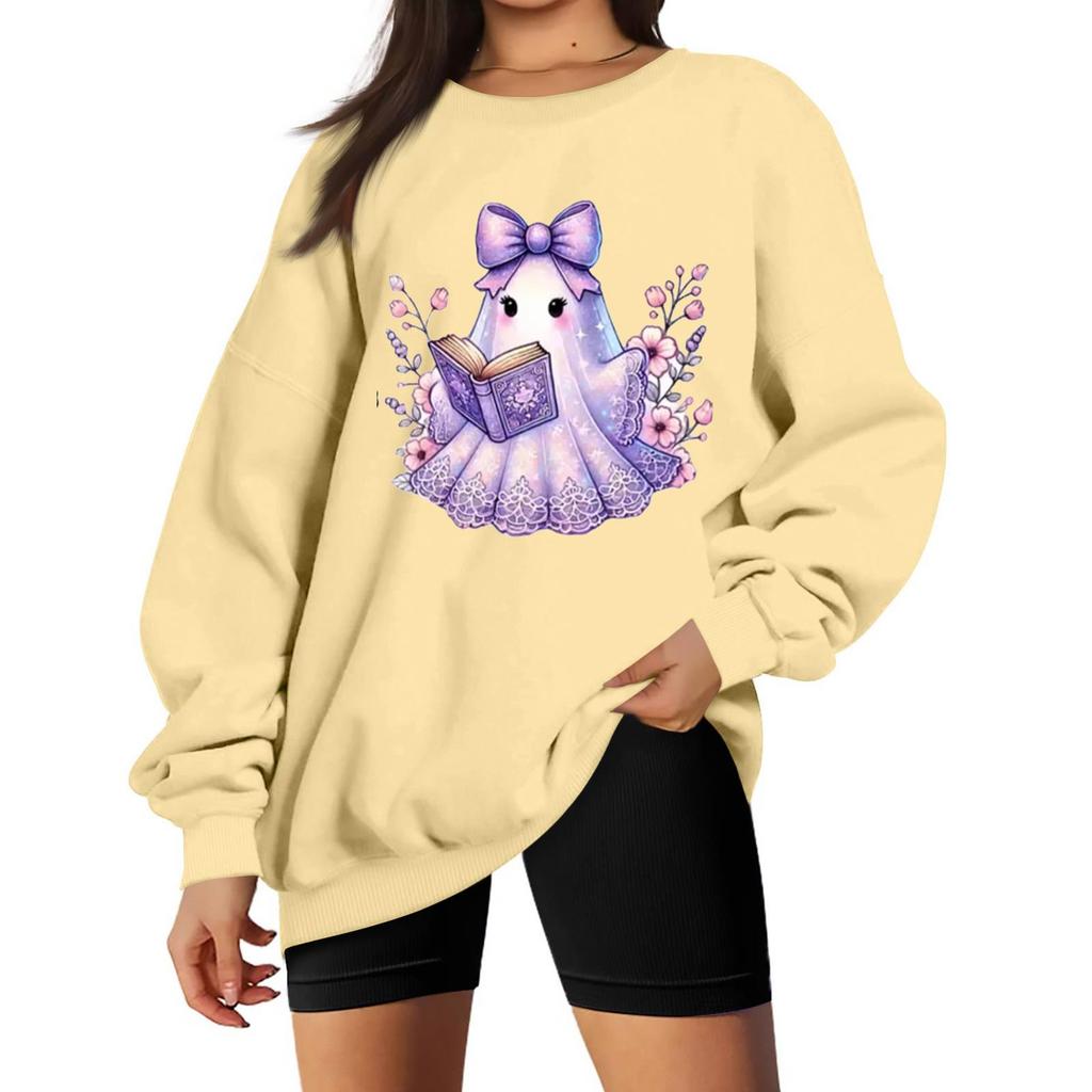 Women's Color Long Sleeve Neck Sweatshirt with Halloween Print Casual Loose Fit Pullover Top