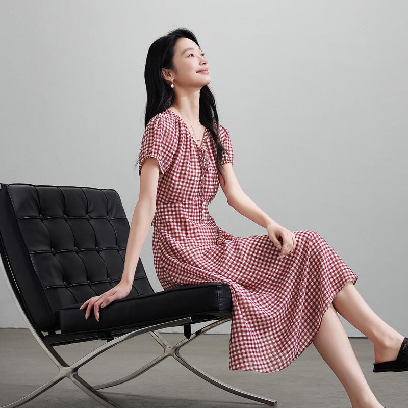 SOFSIL 2026 Summer French Retro Plaid V-Neck Dress M