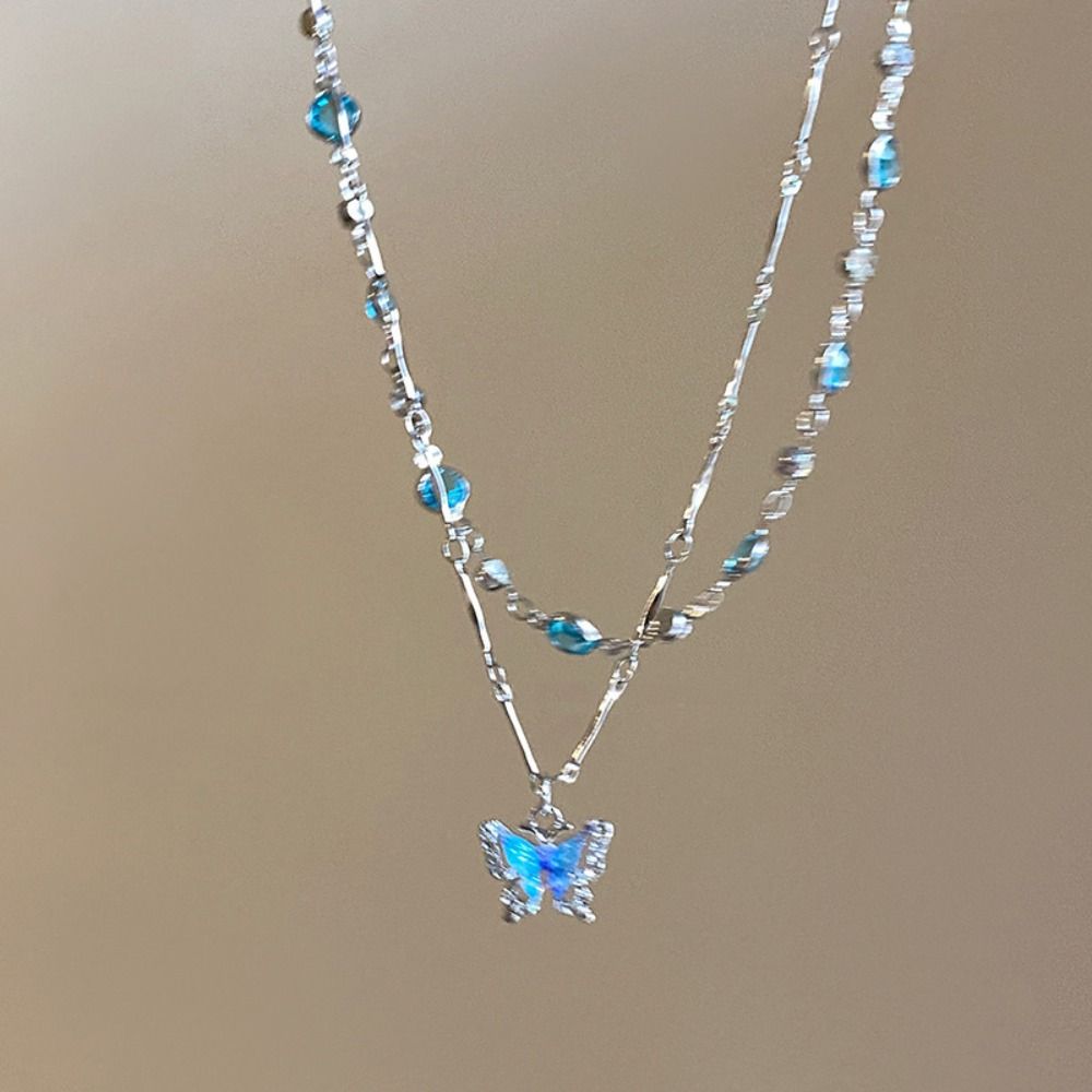 Dainty Crystal Butterfly Zircon Necklace Sweet Temperament Double-layer Necklaces Elegant Forest Necklace Daily