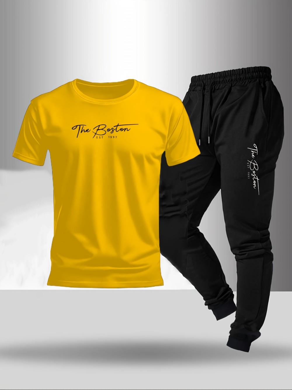 

Хиты продаж летний мужской комплект с футболкой с круглым вырезом и микроэластичными удобными брюками с принтом букв, уличный модный комплект из двух предметов 4XL