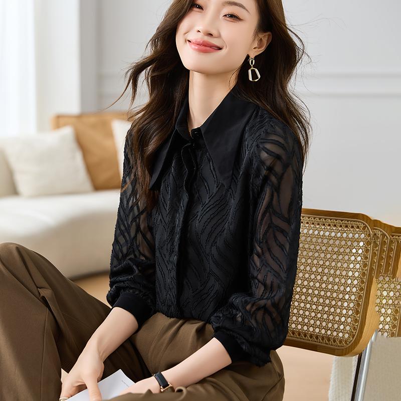 Dámské halenky Košile 2025 Jarní Dlouhý rukáv Dámská Halenka Košile Turn Down Límeček Černá Šifon Halenka Košile Dámské topy J831