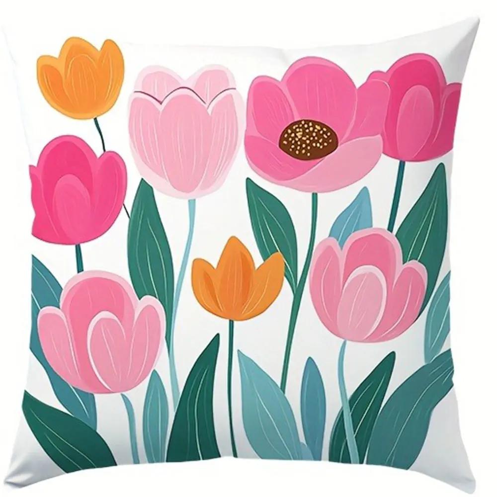 Colorful Tulip Pattern Home Decor Pillowcase Living Room Sofa Polyester Cushion Cover with Zipper