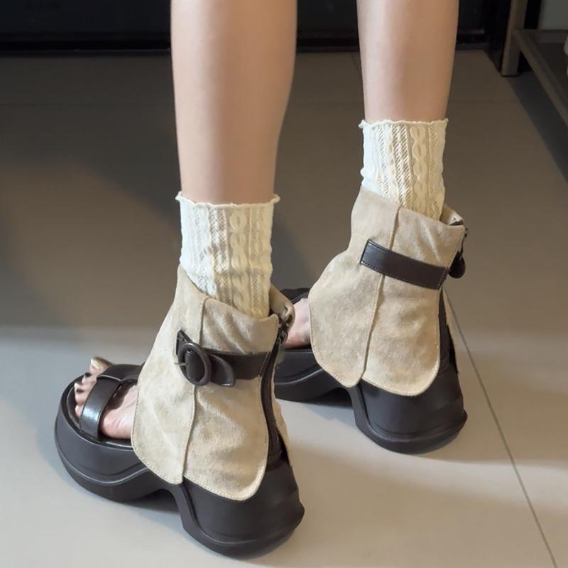 Fashion Fashion Height Increase Women Sandals Boots Fashion Hollow Out Open Toe Shoes Street Style Ladies Thick Heel Short Booties