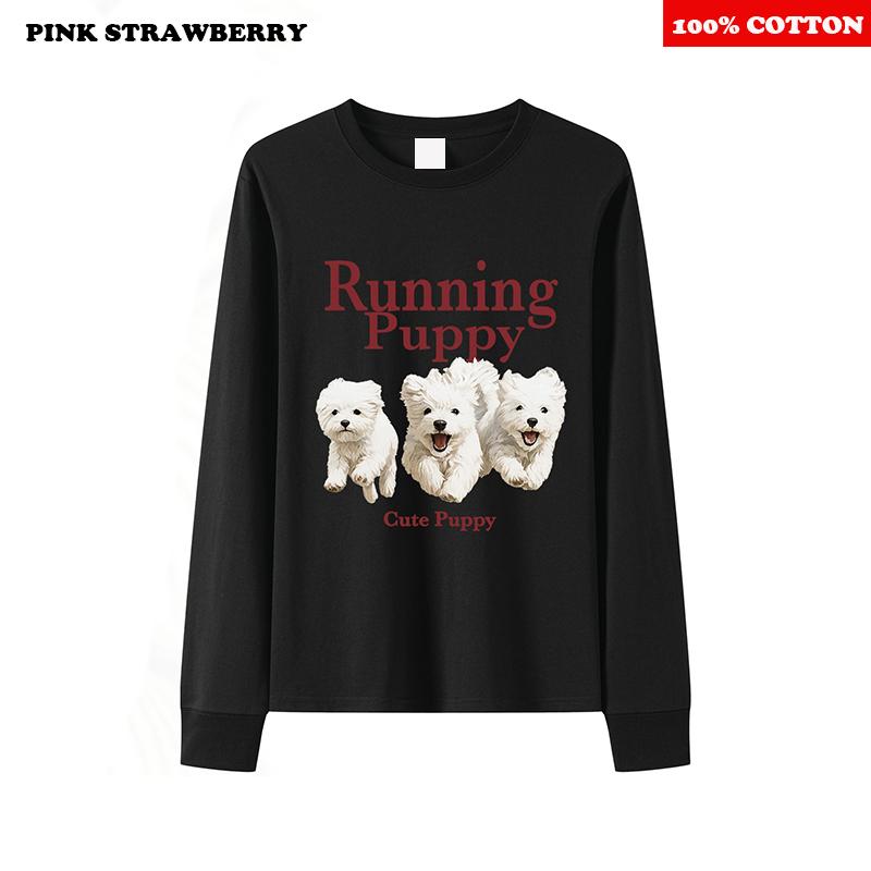 

Корейская милая футболка с принтом собаки Женская Осень 2025 Новая 100% хлопок Белая футболка с длинным рукавом Свободный повседневный топ Y2k кавайная одежда L