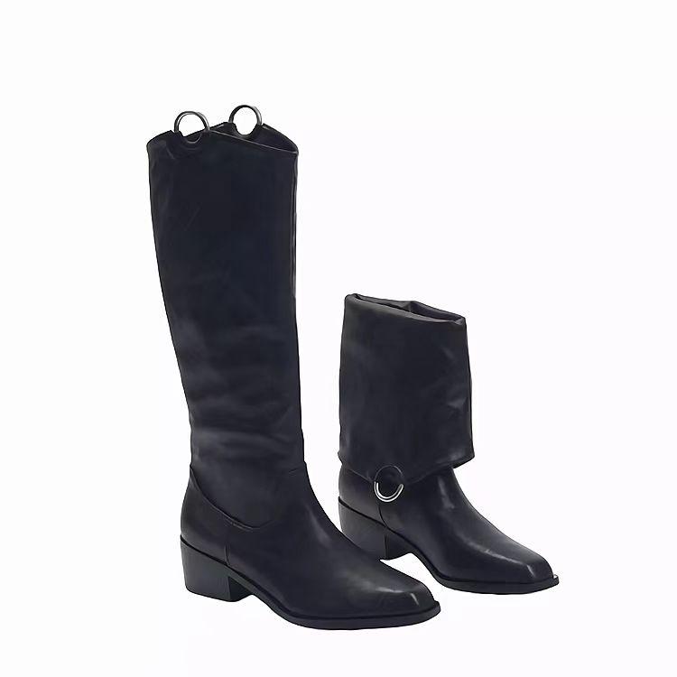 

Модные женские сапоги на среднем каблуке до колена, кожаные туфли, 2025, брендовые зимние новые ретро-ботинки «Челси», массивные готические туфли-лодочки Botas Mujer 40 чёрный