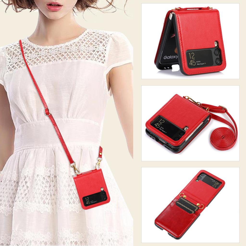 Applicable To Samsung Z Flip7 Mobile Phone Case Z Flip5 Folding Mobile Phone Solid Color Card Insert Leather Case Strap Diagonal Strap Rope