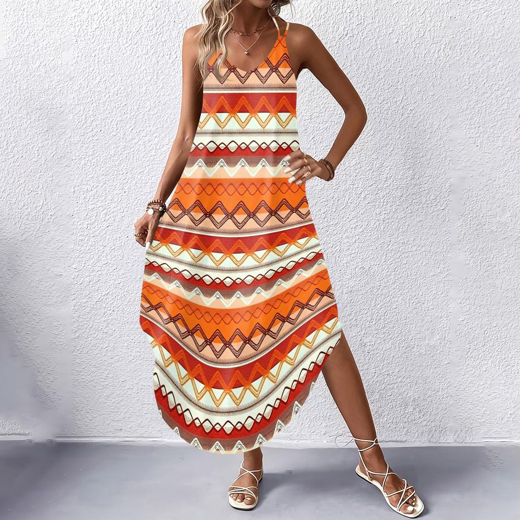 Women's Fashion Casual V-neck Sleeveless  Dresses Print Dresses Beach Long Dresses