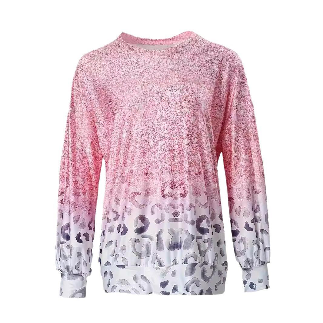 

European and American large-size women s clothing spring and autumn leopard print t-shirt loose top 1XL розовый