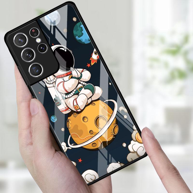 Handy Glas Hülle Für Samsung Galaxy S22 S21 S20 Ultra FE S9 S10 S8 Plus Note 20 10 Lite 9 8 Hülle Coque Süß im Weltraum Astronaut
