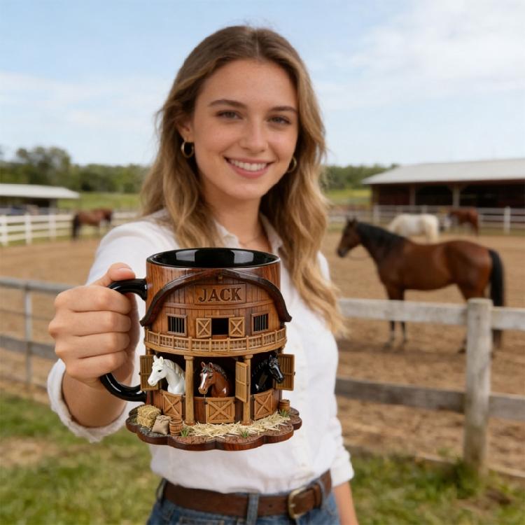 Artistic Equestrian Theme Drinking Cup Ceramic Coffee Mug With Flat 2D Print Horse Stable Pattern For Daily Use