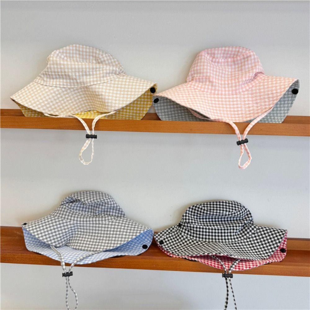 Double Sided Boys Girls Bucket Cap Lattice Baby Sun Hat Soft Children Fisherman Hat  Boy/Girls