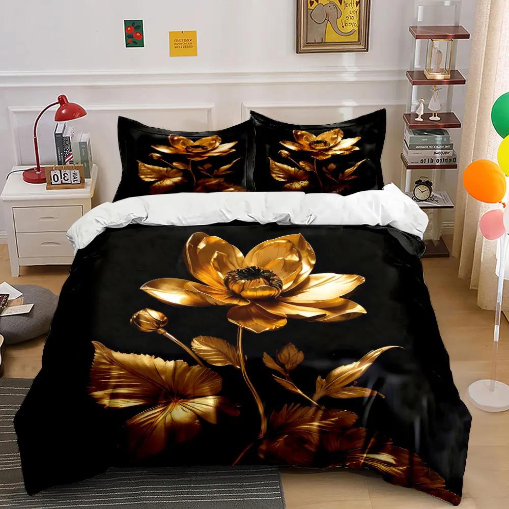 Goldenes Florales Kunstwerk Dekoratives Set Weiche Bequeme Bettbezug Bettwäsche-Set Enthalten 1*Bettbezug & 2*Kissenbezüge Geschenk