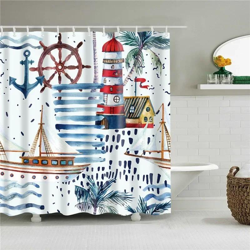 3D Scenic Landscape Seaside Beach Trees Flowers Shell Bath Curtain Shower Curtains for Bathroom Waterproof Polyester Frabic Hook