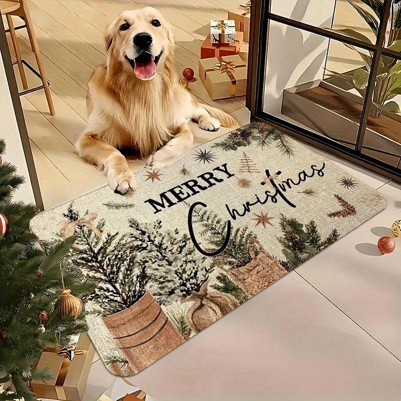 Merry Xmas Door Mat Rustic Pine Branches with Berries Non Slip Soft Washable Entrance Rug Christmas Home Decor