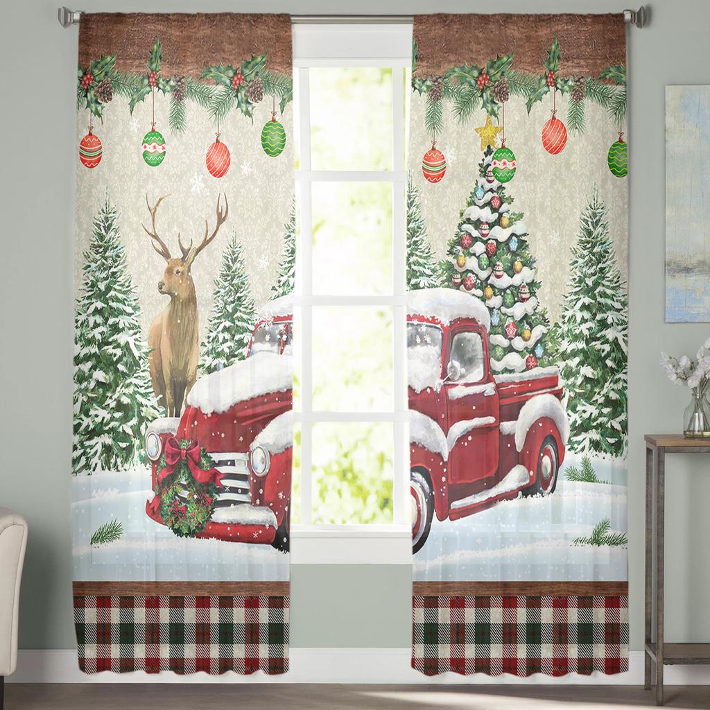 Christmas Truck Elk Fir Tree Berries Sheer Curtains For Kids Bedroom Living Room Voile Curtains Xmas Kitchen Tulle Curtain