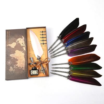Luxury Calligraphy Feather Dip Pen Writing Ink Set Stationery Gift Box With 5 Nib Wedding Quill Pen Metal Fountain Pen Set
