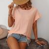 Women's Spring Summer Solid Color Round Neck Sweet Short Sleeved T-shirt Hollowed Out Top Shirt