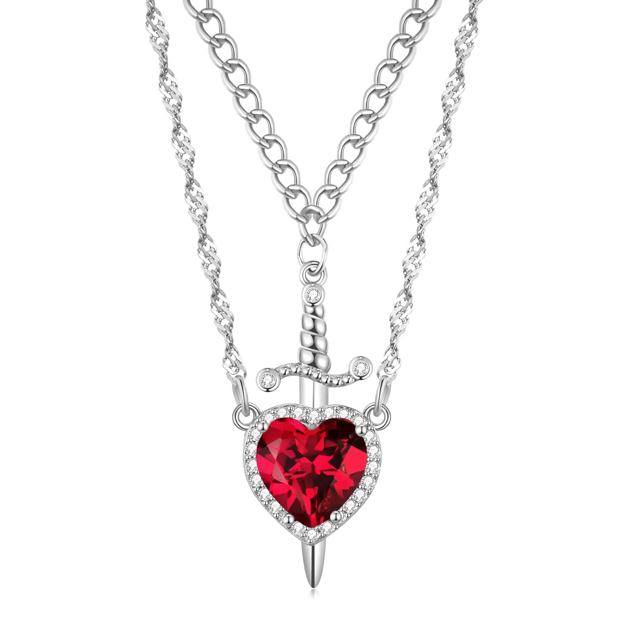 

2pcs/set Heart and Sword Necklace Couple Necklaces Zircon Crystal Silver Plated Choker Necklace Jewelry for Valentine s Day Gift серебряный