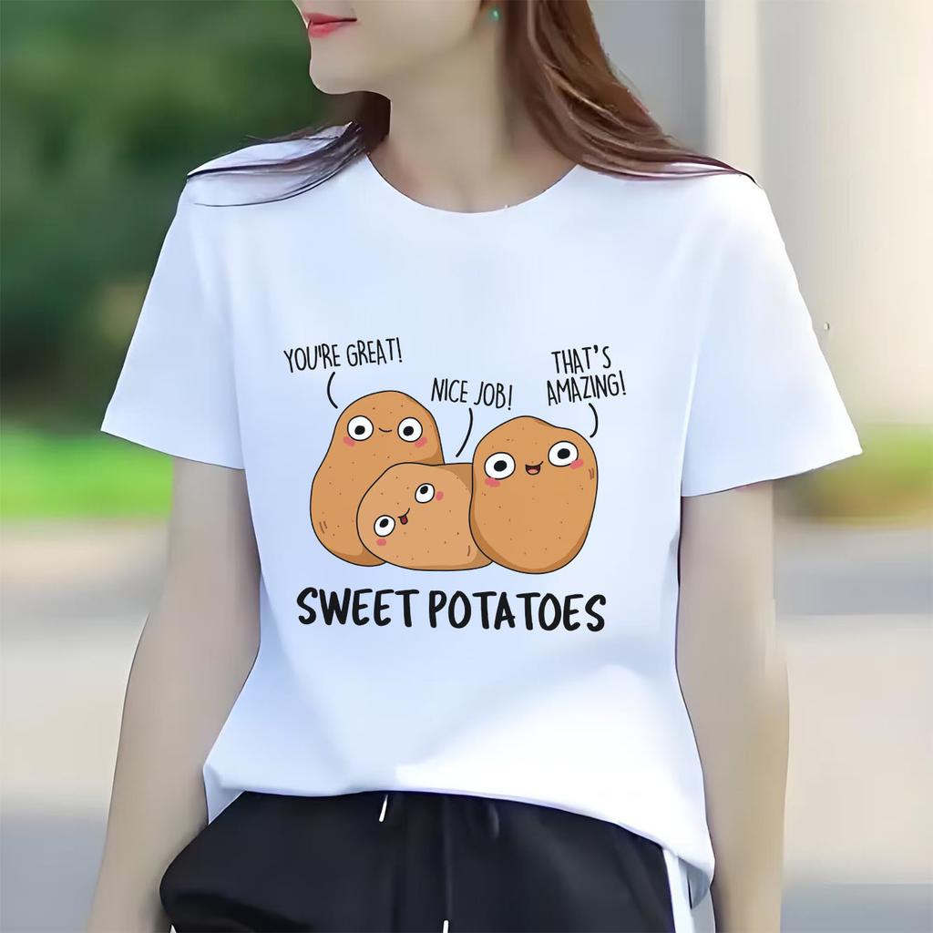 Fun Potato Print Tshirt Casual Short Sleeved Suitable for All Seasons Fashion Versatile Holiday Womens Tshirt