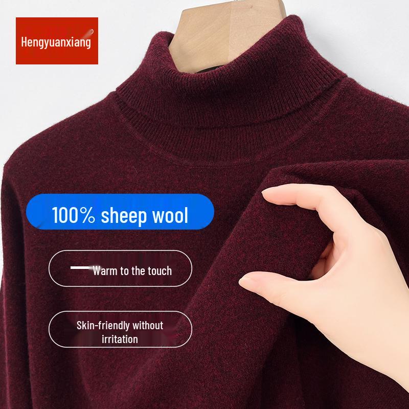 Hengyuanxiang Men's 100% Pure Wool Pullover, Round Neck, Thickened Winter Sweater for Middle-Aged Dads.