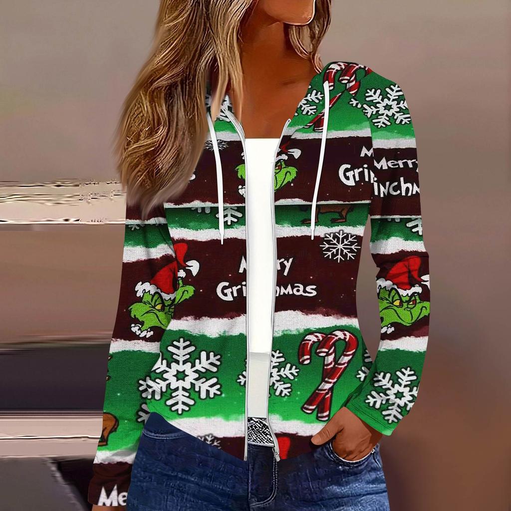 Women's Fashion Christmas Print Casual Zip-Up Long-Sleeved Hooded Jacket