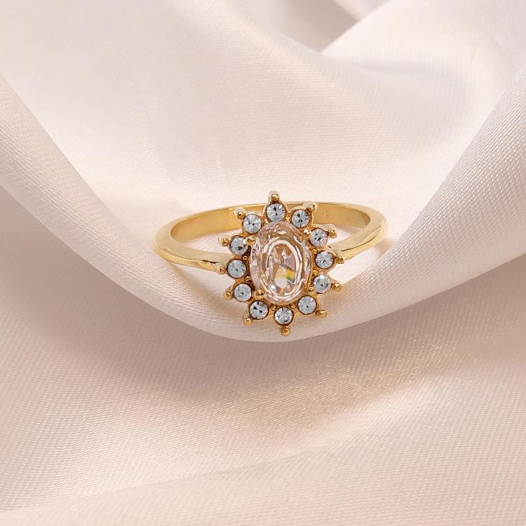 18K Gold Plated Double Layer Coarse Zircon Ring Stainless Steel Rimmed Oval Colored Zircon Ring for Woman