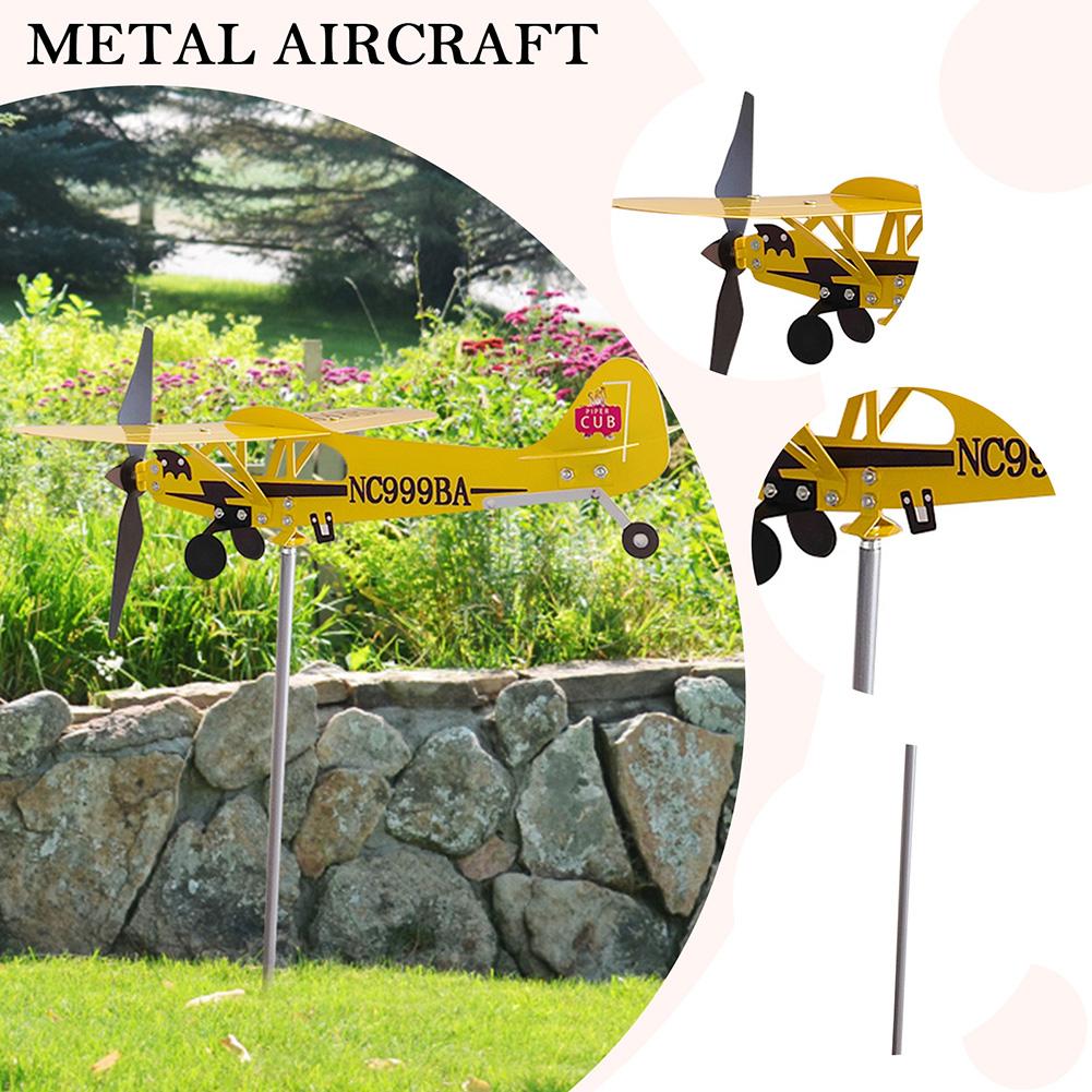 Creative 3D Plane Garden Weather Vane Wind Direction Compass Anti-corrosion Metal Airplane Plug-in Windmill Outdoor Garden Decor