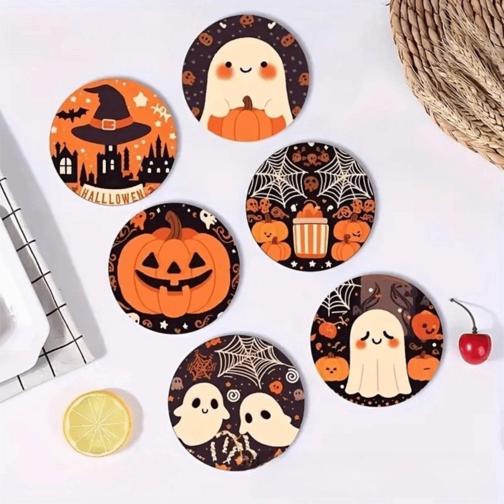 6pcs Pumpkin Round Placemats Wooden Halloween Cup Mats Heat Insulation Pad Halloween Party