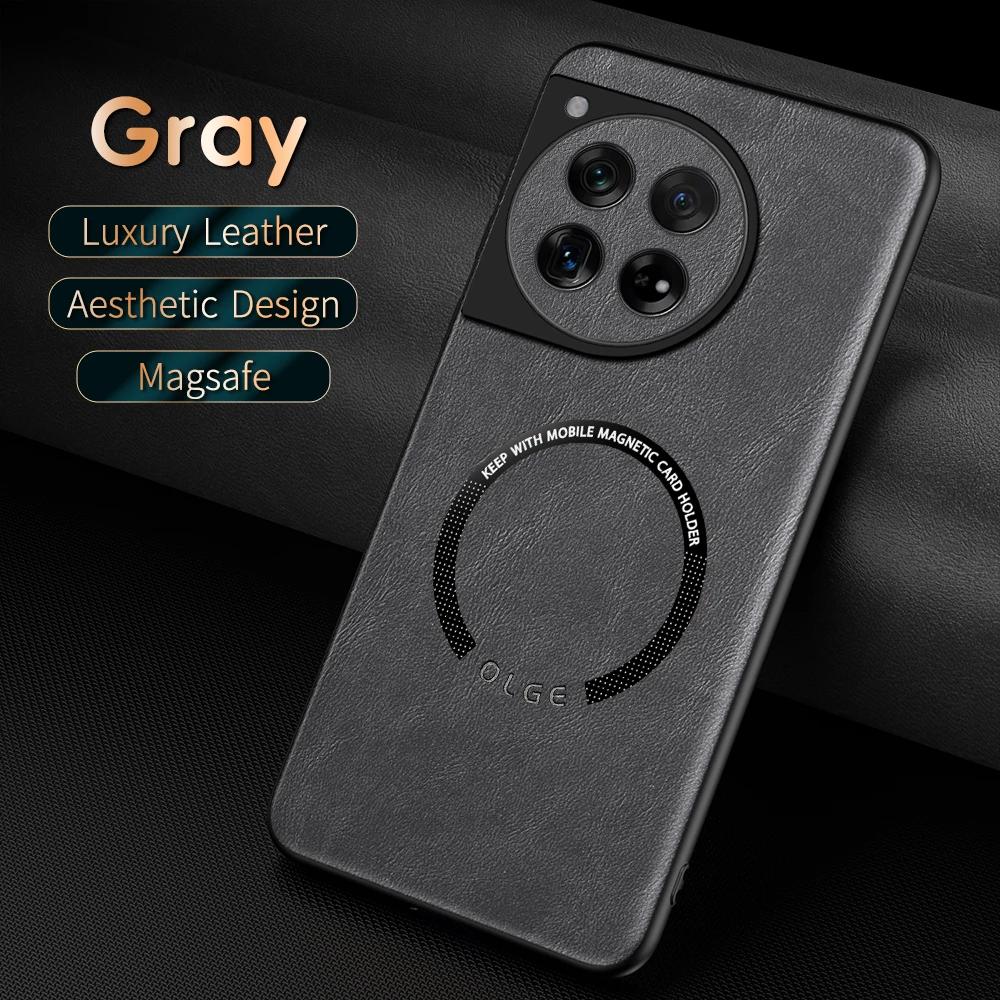 For OnePlus 13 12 11 Fine-hole PU cow pattern leather external magnetic ring soft edge anti-drop anti-fingerprint phone case