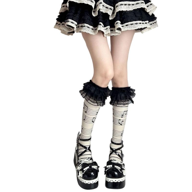 Women Knee Highs Socks Printed Compressions Stockings Lolitas Sweet Lace Ruffle Calf Socks Long Tube Socks Hosiery