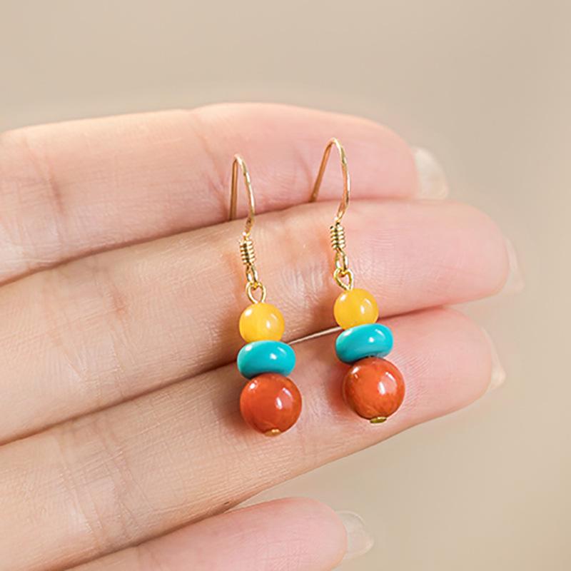Boucles d'oreilles pendantes en argent style chinois avec agate rouge, turquoise et ambre pour femmes