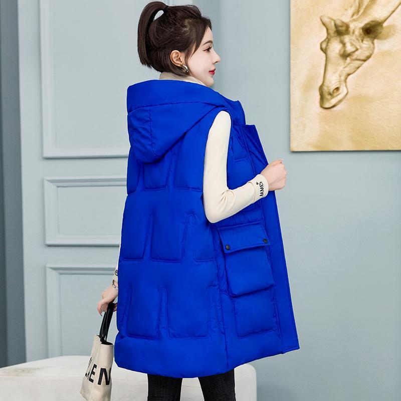 New medium and long cotton jacket down cotton vest autumn and winter women's vest loose hooded big pocket vest jacket