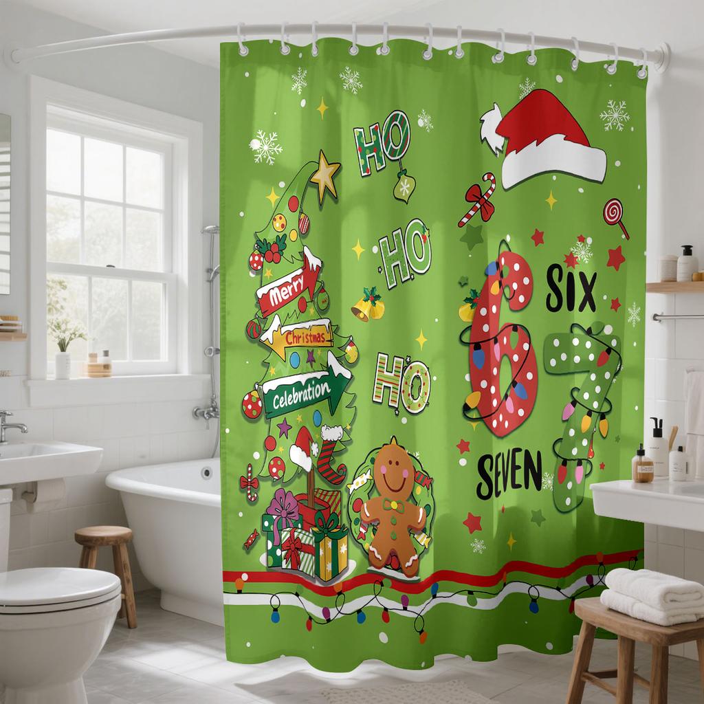 1pc green cartoon Christmas tree print waterproof shower curtain partition privacy hanging curtain with 12 hooks various sizes