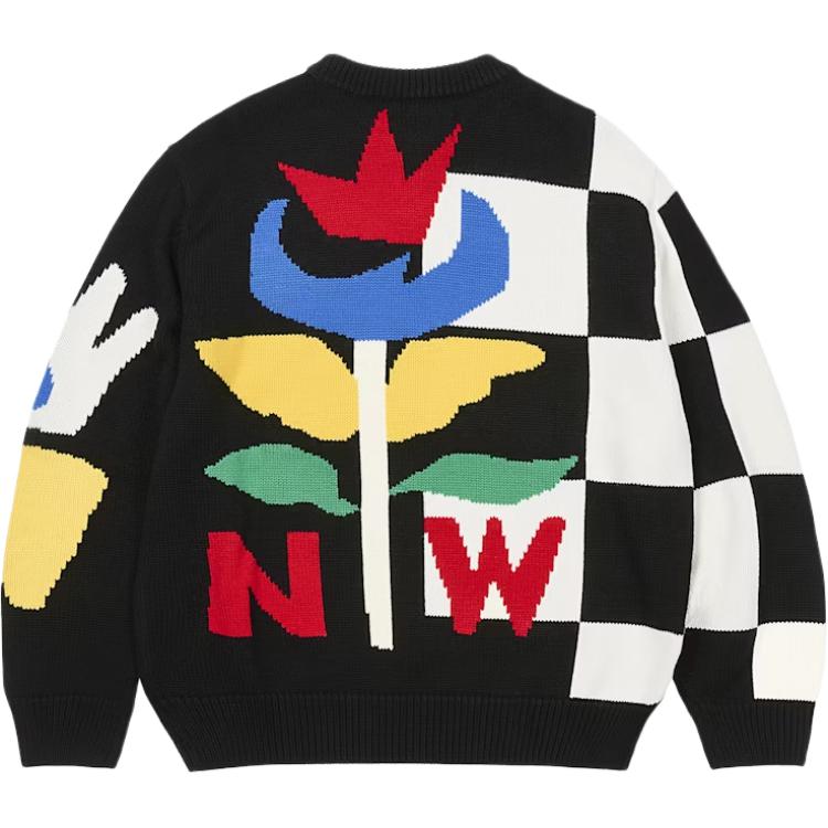 Palace X Jcc+ Collaboration Ss25 Drop8 Black And White Plaid Letter Pattern Printed Ribbed Edge Knit Crewneck Loose Sweater Unisex sweater P28JCCKW001