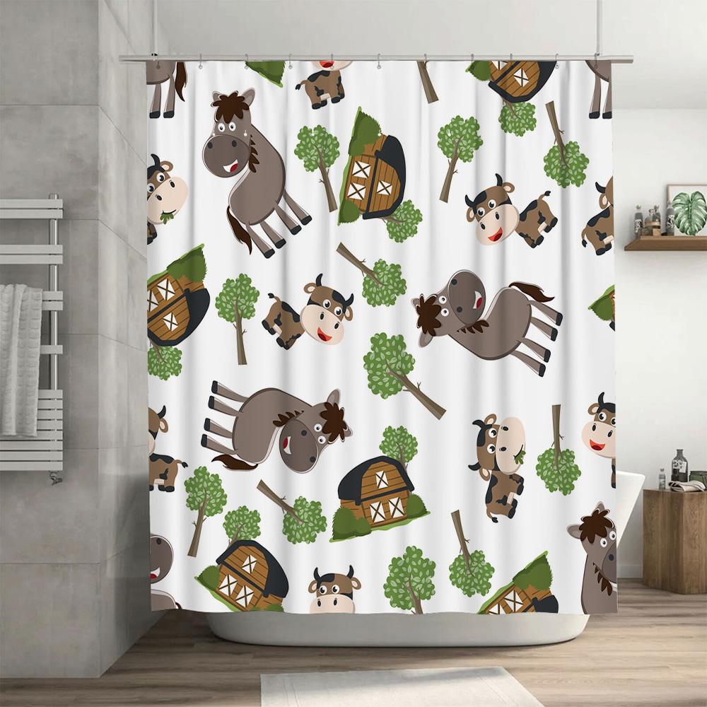 Farmhouse Animal Pattern Shower Curtain Set for Kids Bathrooms Blue Green White Colorful Cartoon Print Decorate Waterproof Fabri