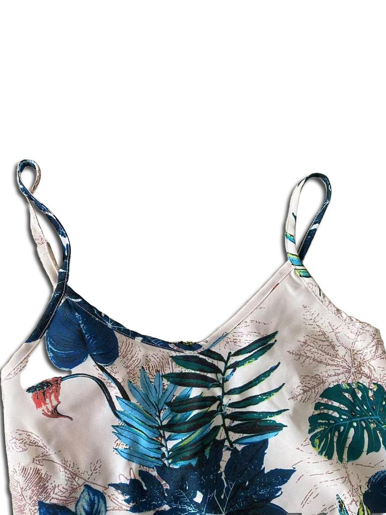 European Summer Tropical Print Halter Backless Beach Dress with Belt