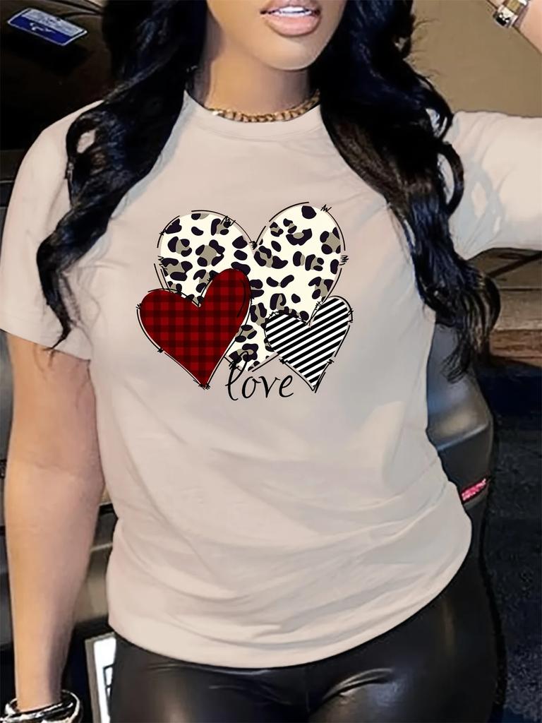 Leopard Love Heart Printed Tshirt Short Sleeve Round Neck Casual Top Summer and Spring Womens Clothing Aesthetic Graphic Y2K