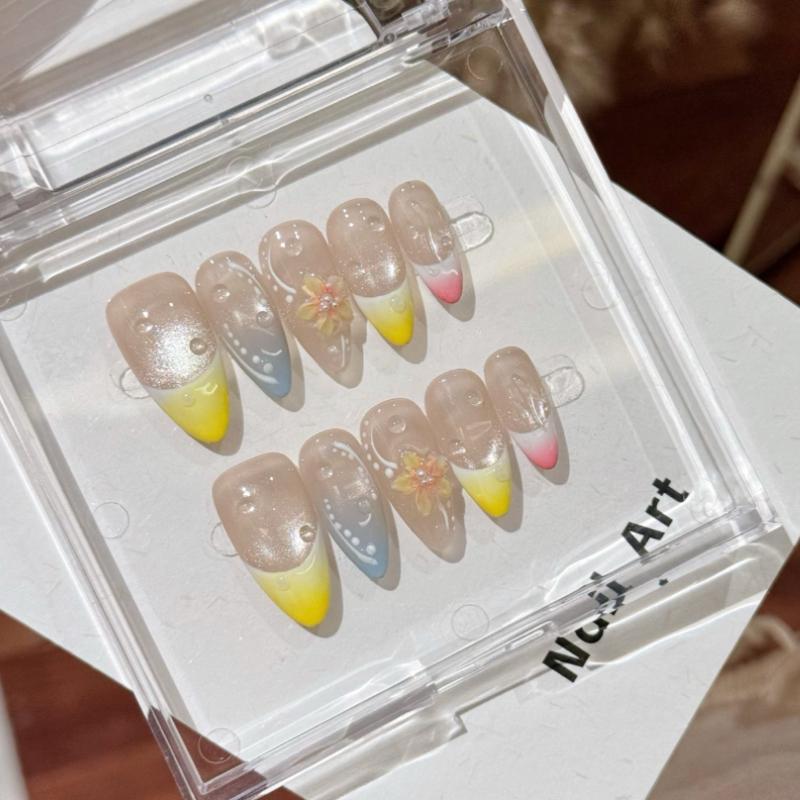 Almond Press On Nails with Nude Base & Colorful Gradient, Handmade 3D Sakura & Water Drop False Nails, Daily Wear Nail Art for Girls XS