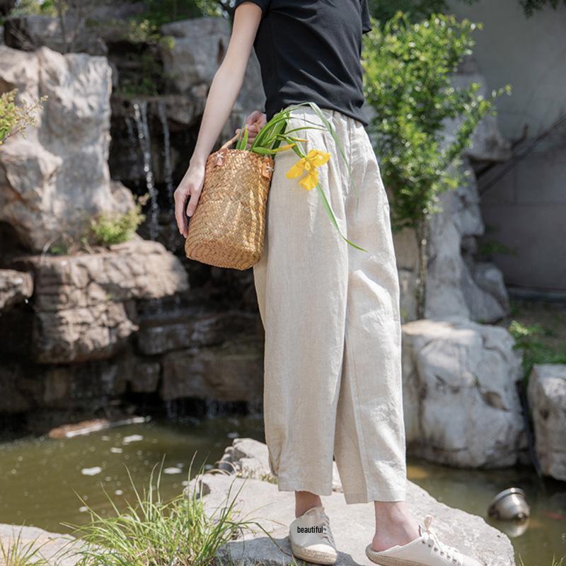 Spring Summer Artistic Loose Sand-Washed Linen Casual Pants for Women - Slimming, Lightweight Meditation Lantern Style