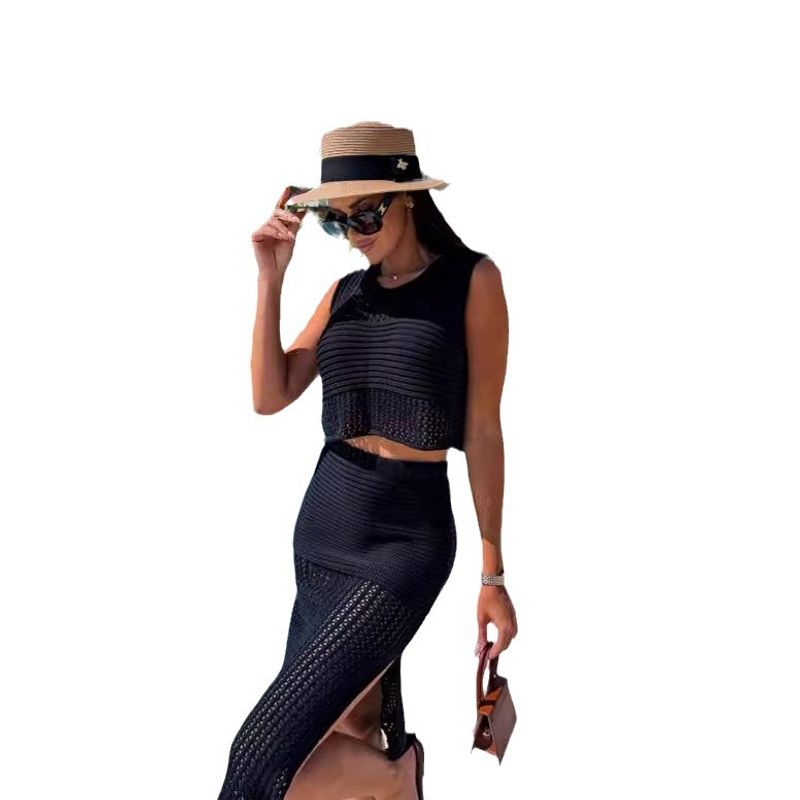 European and American Beach Knitted Split Skirt Holiday Style Vest Skirt High Slit Suit Skirt