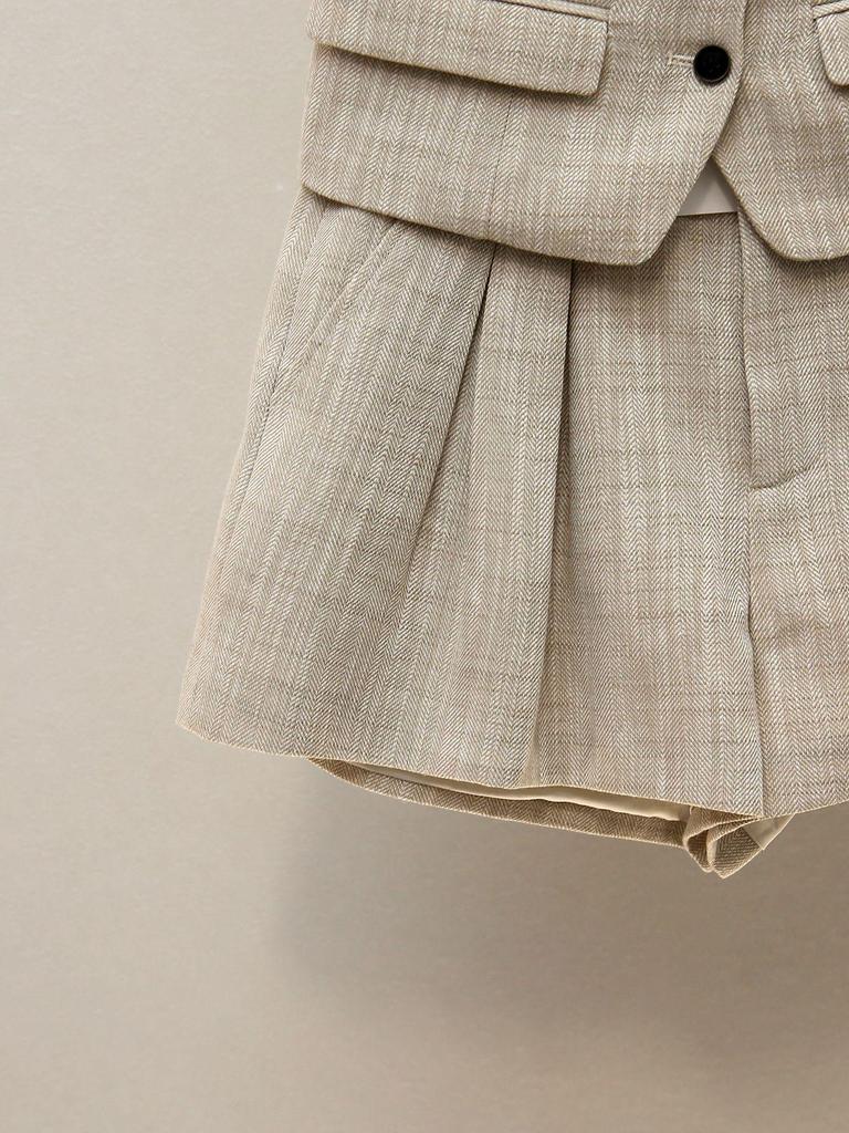 Women's Autumn French Commuter Ribbon Waist Vest and Shorts Set