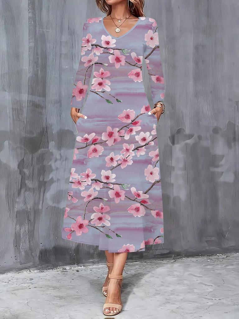 2025 Herbst und Winter Neue Damen Casual Mode Kleid Herbst 3D Blumenmuster Langarm V-Ausschnitt A-Linien Kleider