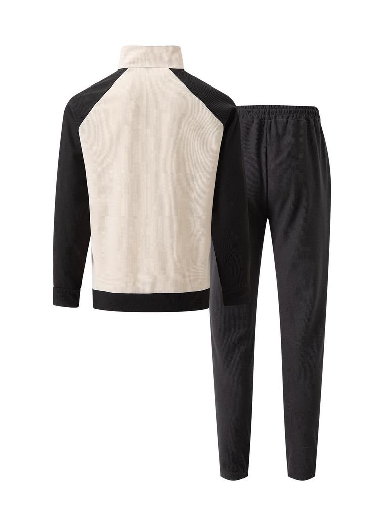 Men's Color Block Waffle Jacket and Sportswear Set - Autumn/Winter Collection