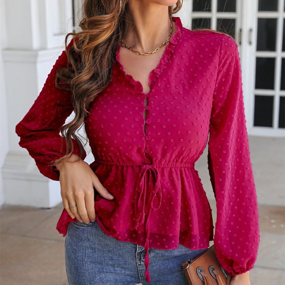 

QICED женские модные повседневные осенне-зимние однотонные блузки и рубашки с v-образным вырезом и длинными рукавами с принтом XL красный