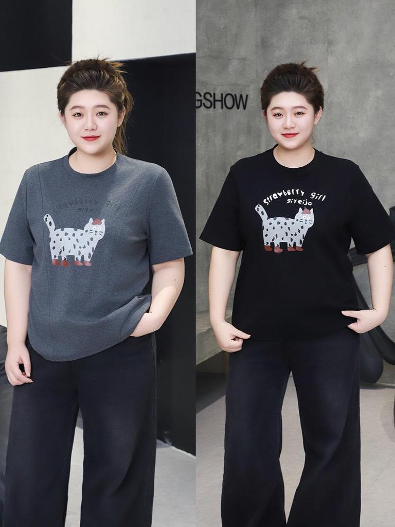 2025 Winter Plus Size Women's Screen-Printed Cat Short Sleeve, Round Neck, Thick Cotton Top – Comfortable and Versatile.