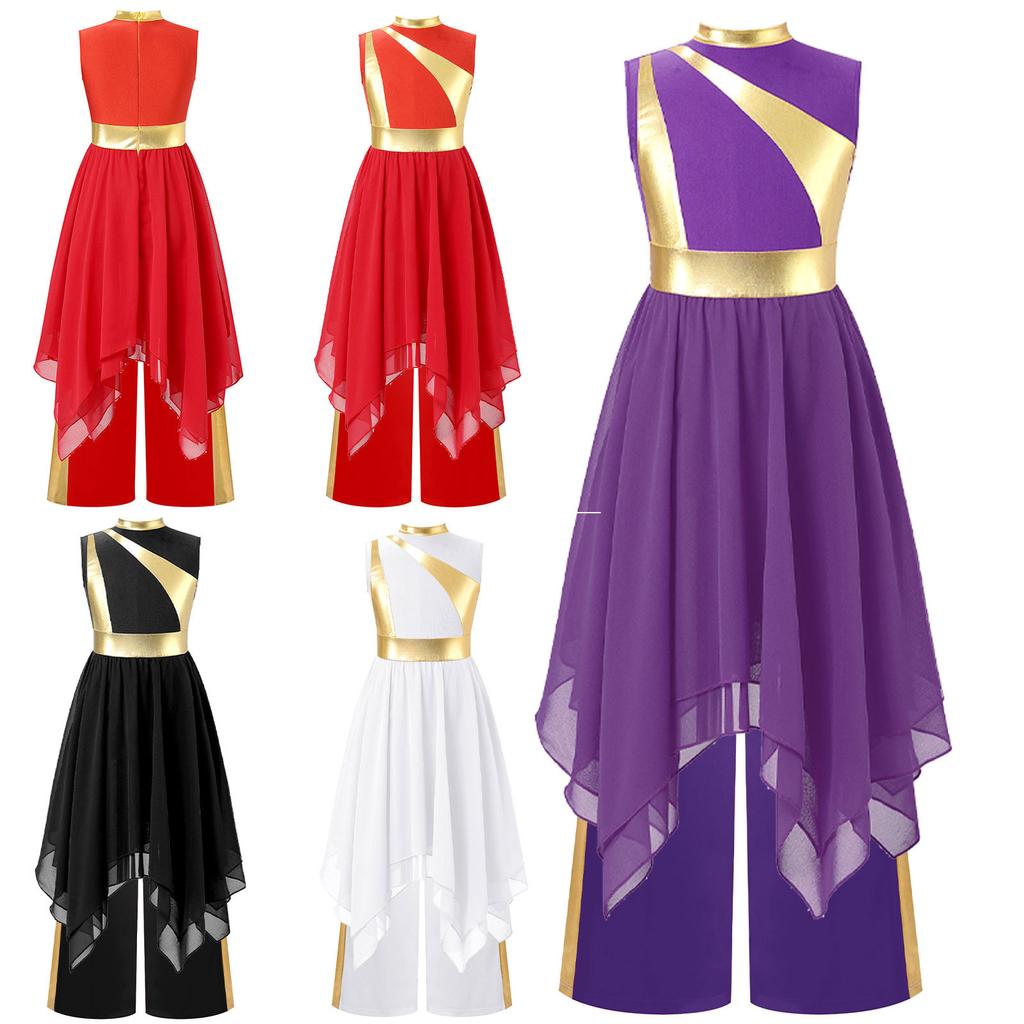 Girls Liturgical Praise Lyrical Dance Outfit Metallic Patchwork Sleeveless Asymmetrical Hem Dress Wide Leg Pants Set