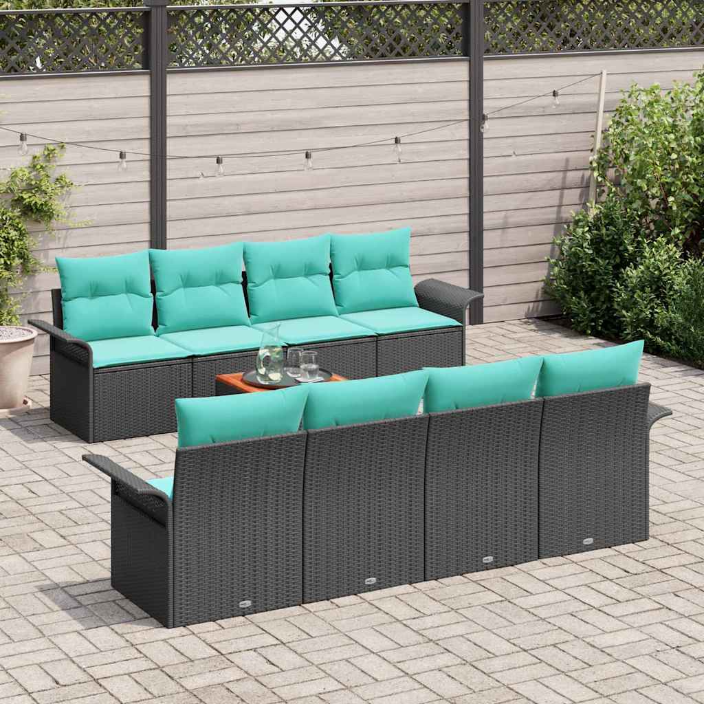Garden Sofa Set 9 pcs Black and Turquoise Poly Rattan