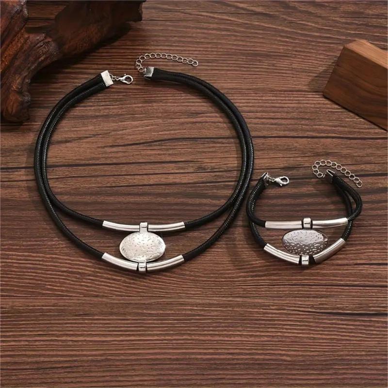 Bohemian Necklace Bracelet Set Vintage Multi Layer PU Leather Rope and Oval Metal Pendant Jewelry Accessories for Women