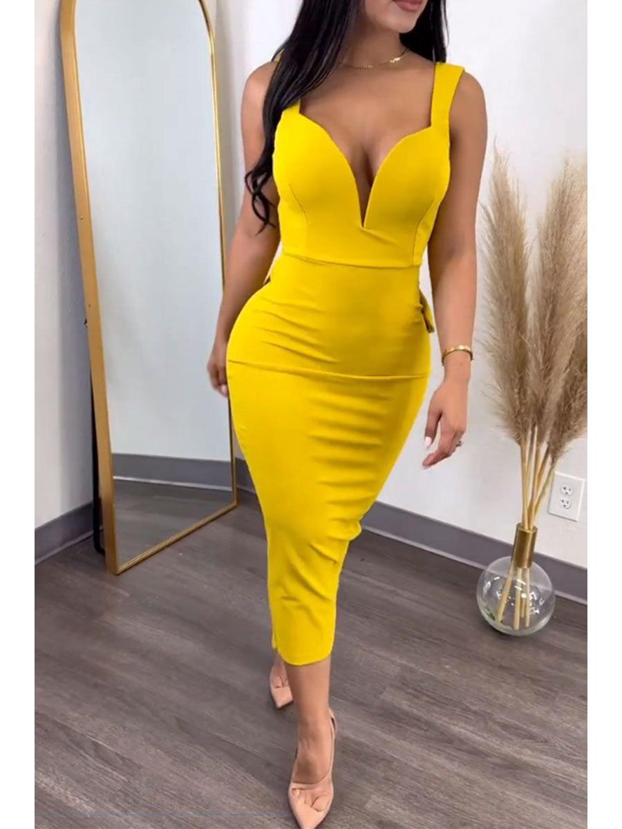 

K2868 Платье в европейском и американском стиле с глубоким V-образным вырезом на спине, однотонное, с бантом и разрезом M жёлтый
