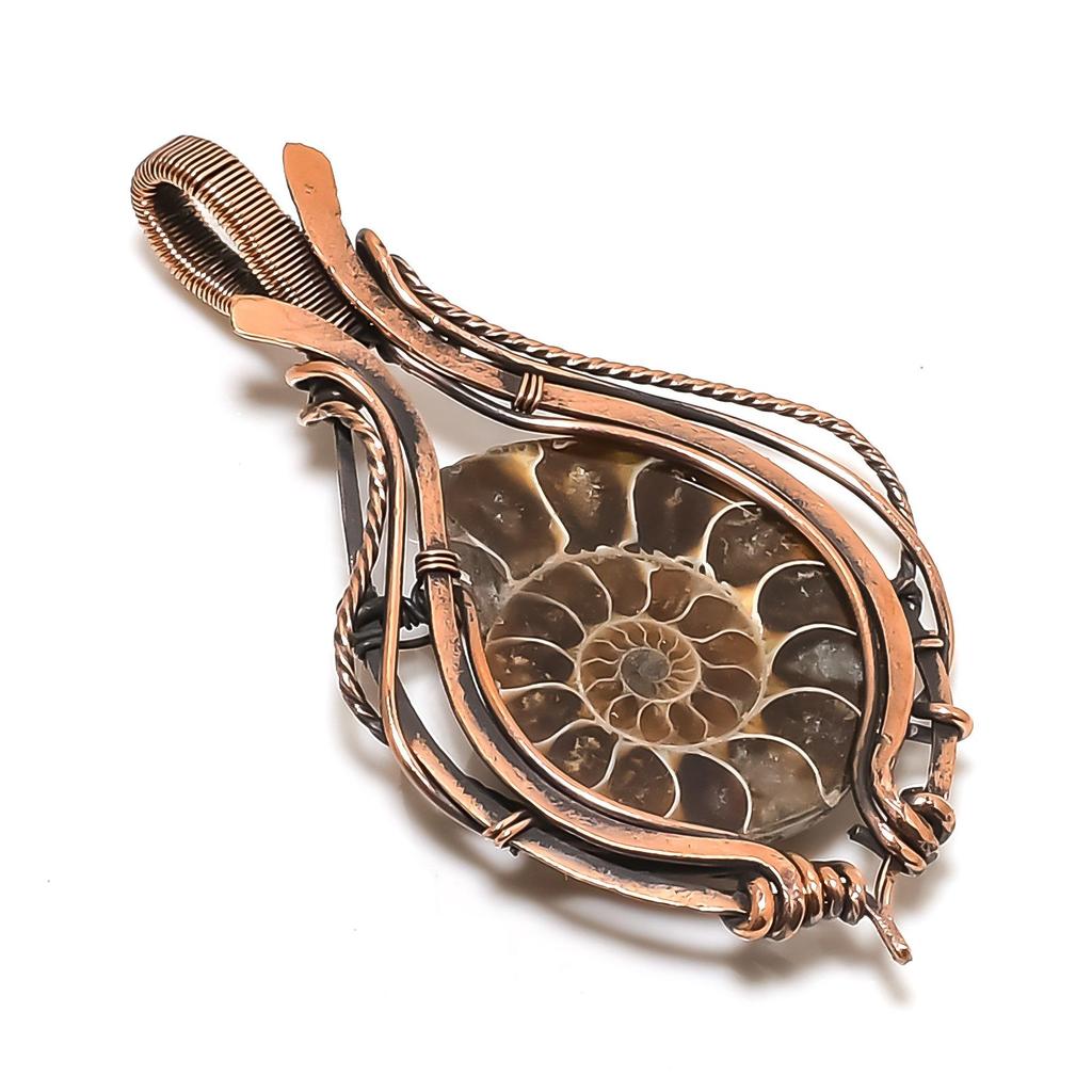 Ammonite Fossil 999 Copper Wire Wrapped Pendant, Handmade Gemstone Jewelry Pendant For Memorial Day